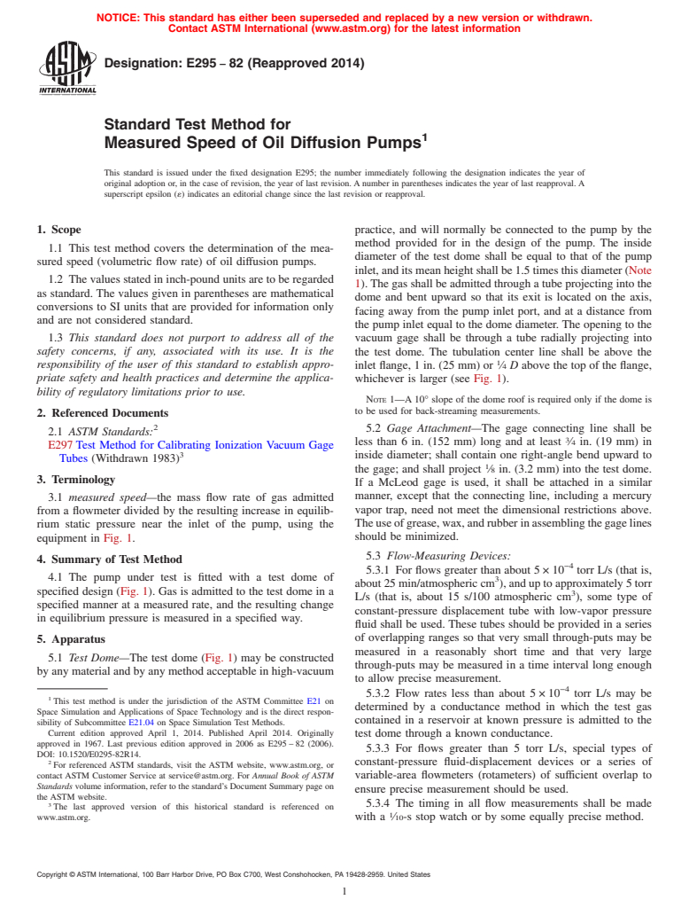 ASTM E295-82(2014) - Standard Test Method for  Measured Speed of Oil Diffusion Pumps