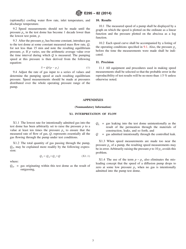 ASTM E295-82(2014) - Standard Test Method for  Measured Speed of Oil Diffusion Pumps