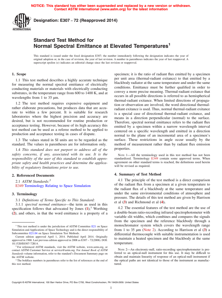 ASTM E307-72(2014) - Standard Test Method for  Normal Spectral Emittance at Elevated Temperatures