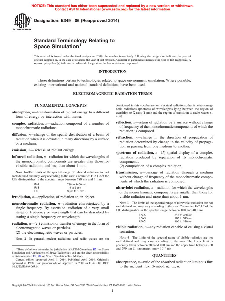 ASTM E349-06(2014) - Standard Terminology Relating to  Space Simulation