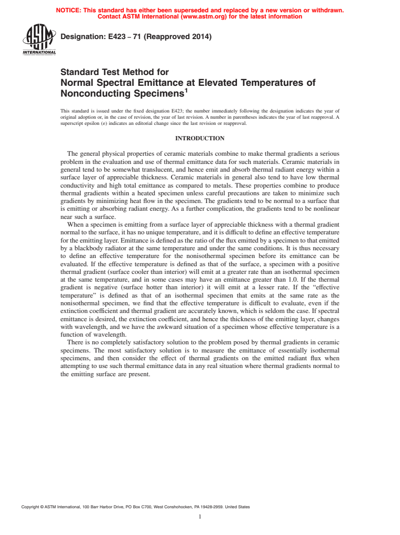 ASTM E423-71(2014) - Standard Test Method for  Normal Spectral Emittance at Elevated Temperatures of Nonconducting  Specimens