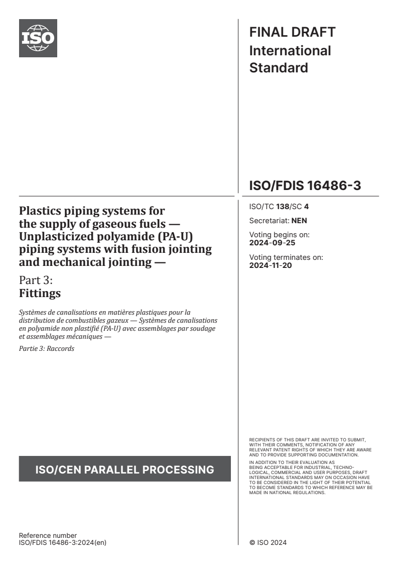 ISO/FDIS 16486-3 - Plastics piping systems for the supply of gaseous fuels — Unplasticized polyamide (PA-U) piping systems with fusion jointing and mechanical jointing — Part 3: Fittings
Released:11. 09. 2024