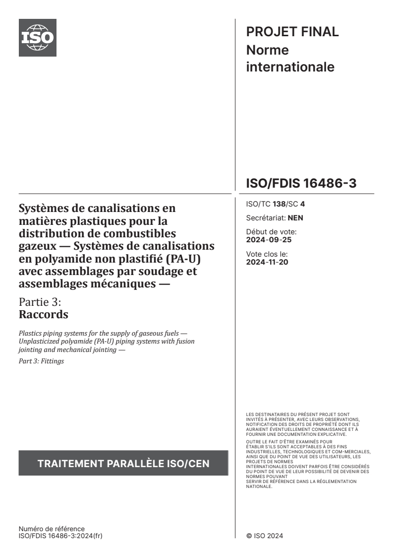 ISO 16486-3 - Systèmes de canalisations en matières plastiques pour la distribution de combustibles gazeux — Systèmes de canalisations en polyamide non plastifié (PA-U) avec assemblages par soudage et assemblages mécaniques — Partie 3: Raccords
Released:11/8/2024