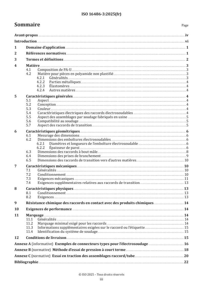 ISO 16486-3:2025 - Systèmes de canalisations en matières plastiques pour la distribution de combustibles gazeux — Systèmes de canalisations en polyamide non plastifié (PA-U) avec assemblages par soudage et assemblages mécaniques — Partie 3: Raccords
Released:8. 01. 2025