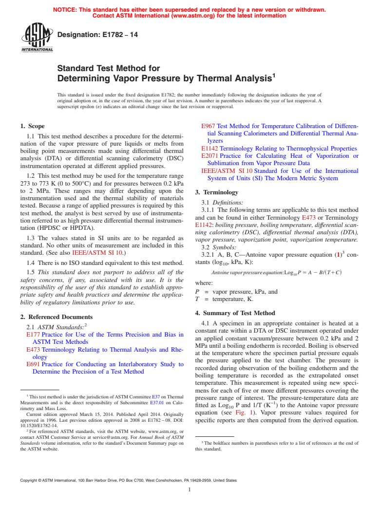 ASTM E1782-14 - Standard Test Method for  Determining Vapor Pressure by Thermal Analysis