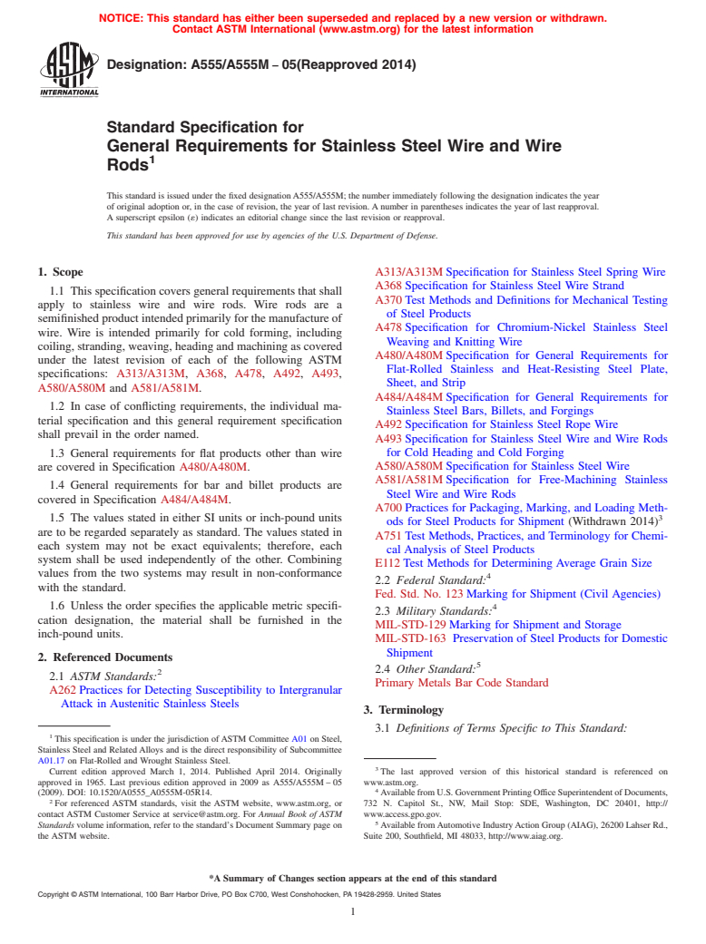 ASTM A555/A555M-05(2014) - Standard Specification for  General Requirements for Stainless Steel Wire and Wire Rods