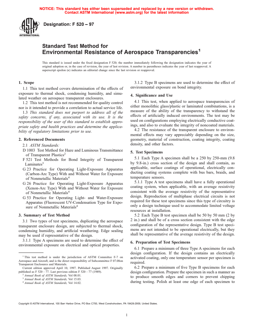 ASTM F520-97 - Standard Test Method for Environmental Resistance of Aerospace Transparencies