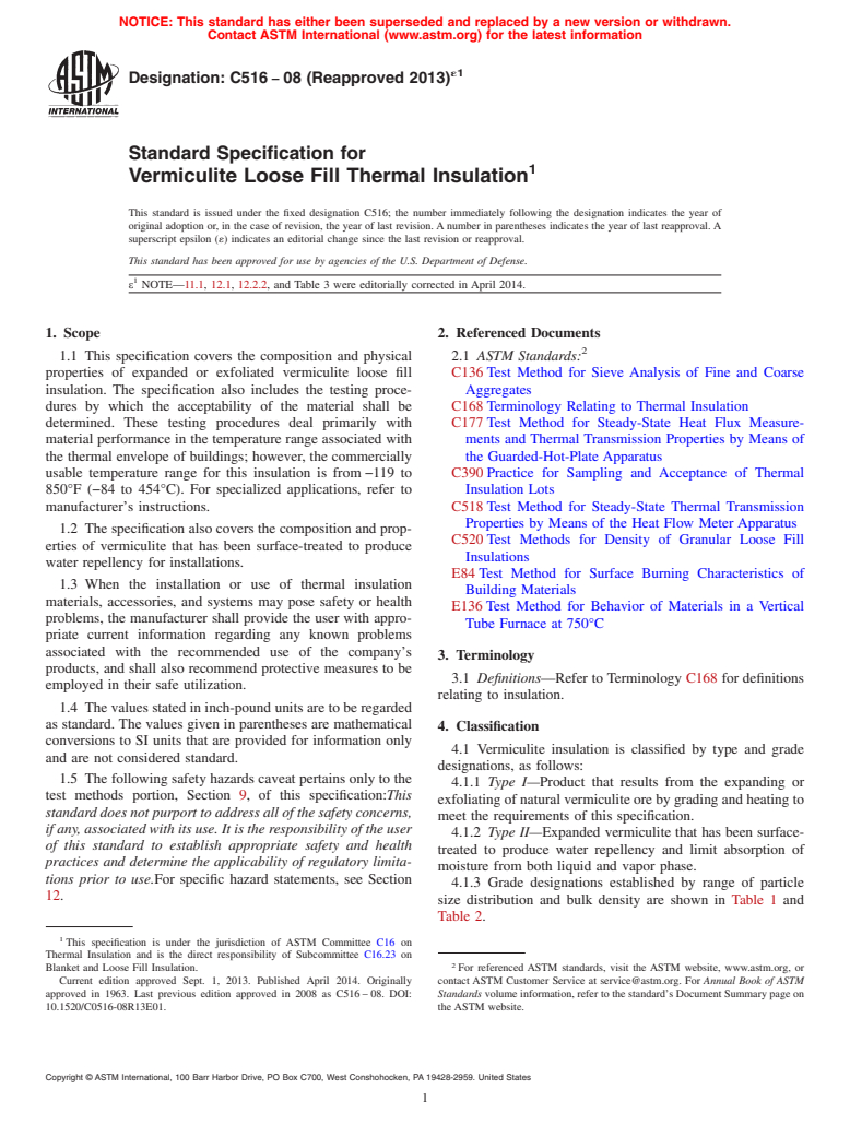 ASTM C516-08(2013)e1 - Standard Specification for  Vermiculite Loose Fill Thermal Insulation