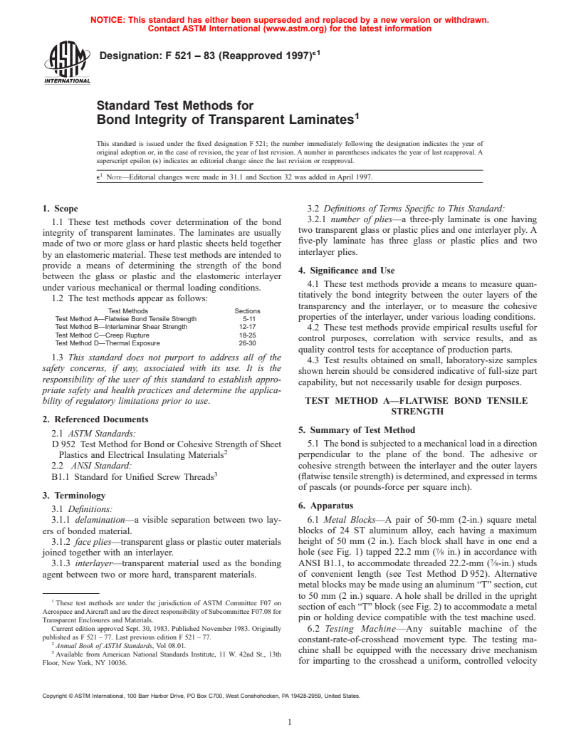 ASTM F521-83(1997)e1 - Standard Test Methods for Bond Integrity of Transparent Laminates