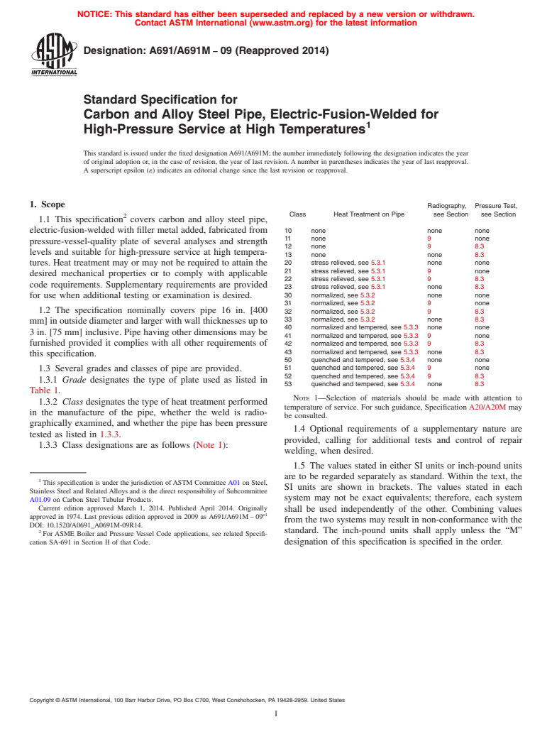 ASTM A691/A691M-09(2014) - Standard Specification for  Carbon and Alloy Steel Pipe, Electric-Fusion-Welded for High-Pressure   Service at High Temperatures