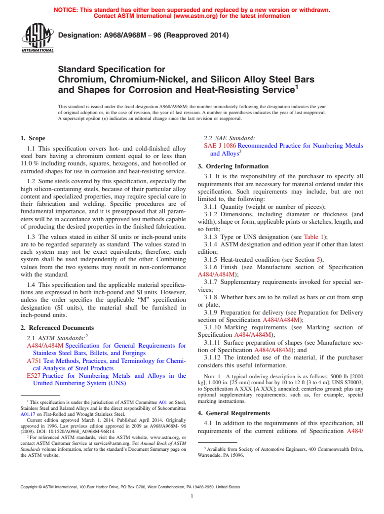 ASTM A968/A968M-96(2014) - Standard Specification for  Chromium, Chromium-Nickel, and Silicon Alloy Steel Bars and  Shapes for Corrosion and Heat-Resisting Service (Withdrawn 2020)