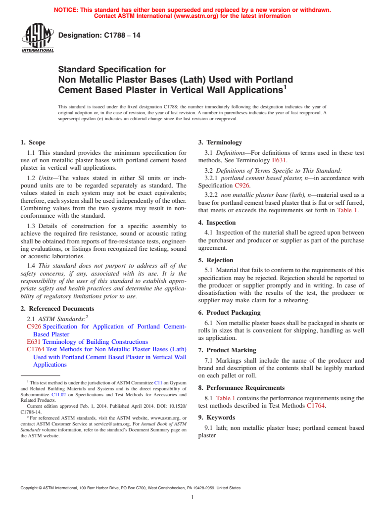 ASTM C1788-14 - Standard Specification for Non Metallic Plaster Bases &#40;Lath&#41; Used with Portland Cement  Based Plaster in Vertical Wall Applications