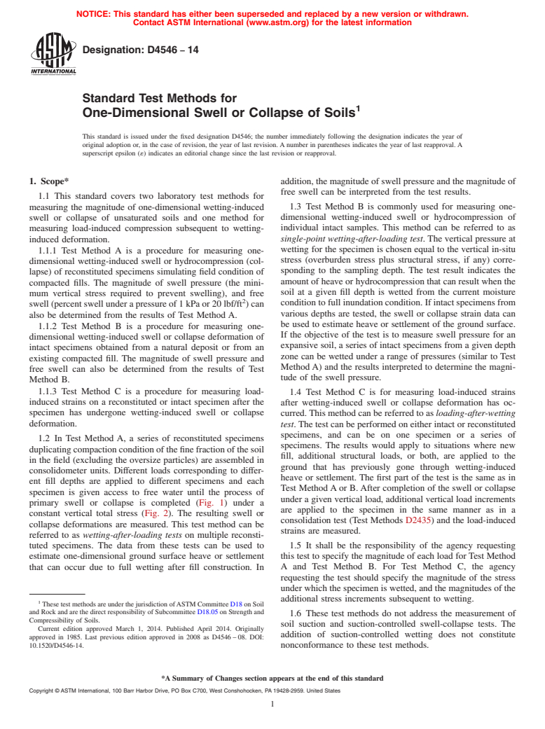 ASTM D4546-14 - Standard Test Methods for  One-Dimensional Swell or Collapse of Soils