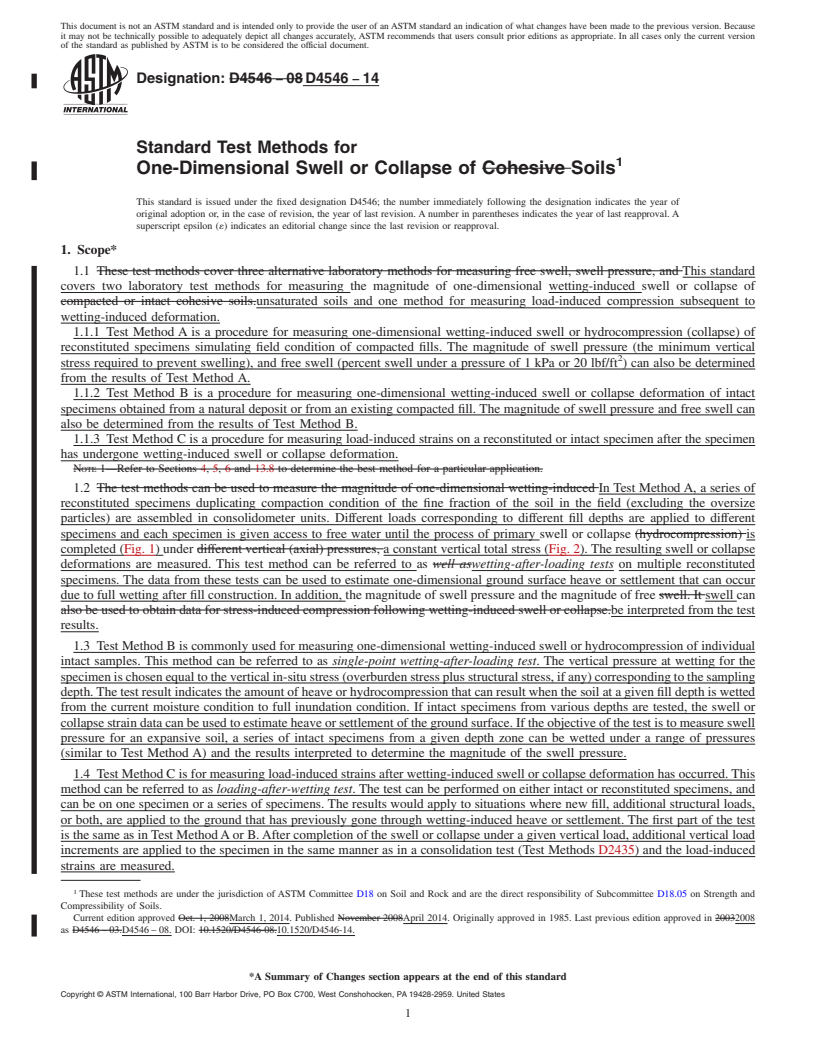 REDLINE ASTM D4546-14 - Standard Test Methods for  One-Dimensional Swell or Collapse of Soils