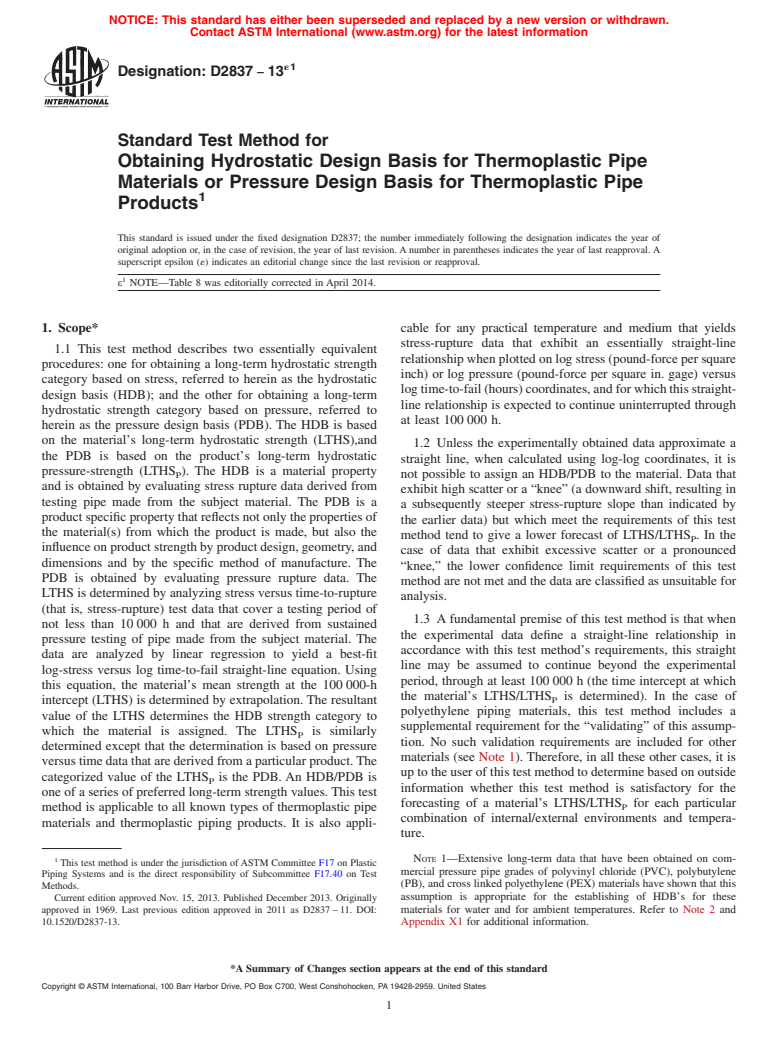 ASTM D2837-13e1 - Standard Test Method for  Obtaining Hydrostatic Design Basis for Thermoplastic Pipe Materials   or Pressure Design Basis for Thermoplastic Pipe Products