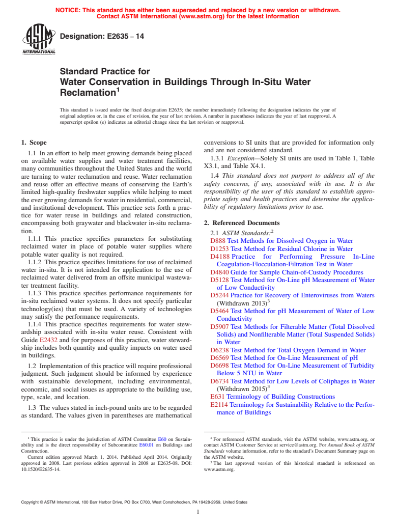 ASTM E2635-14 - Standard Practice for  Water Conservation in Buildings Through In-Situ Water Reclamation