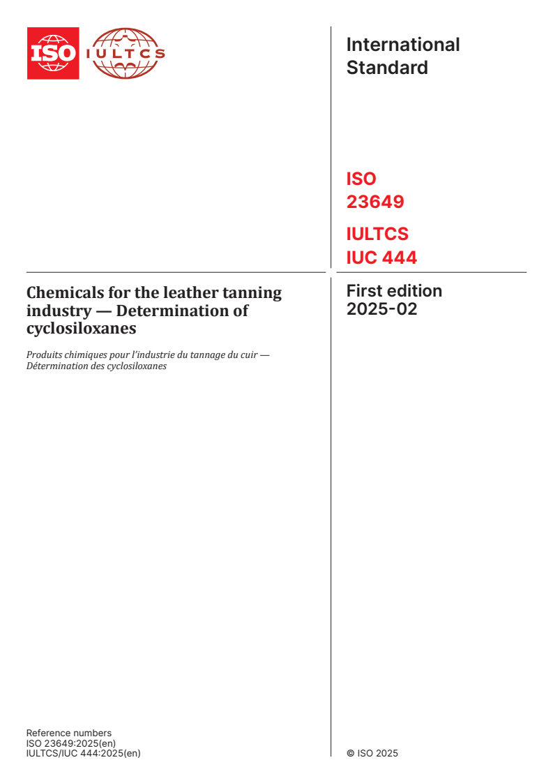 ISO 23649:2025 - Chemicals for the leather tanning industry — Determination of cyclosiloxanes
Released:14. 02. 2025