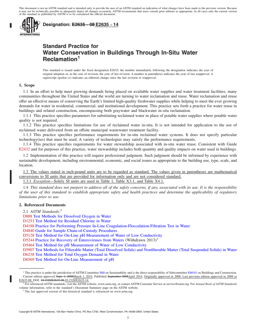 REDLINE ASTM E2635-14 - Standard Practice for  Water Conservation in Buildings Through In-Situ Water Reclamation