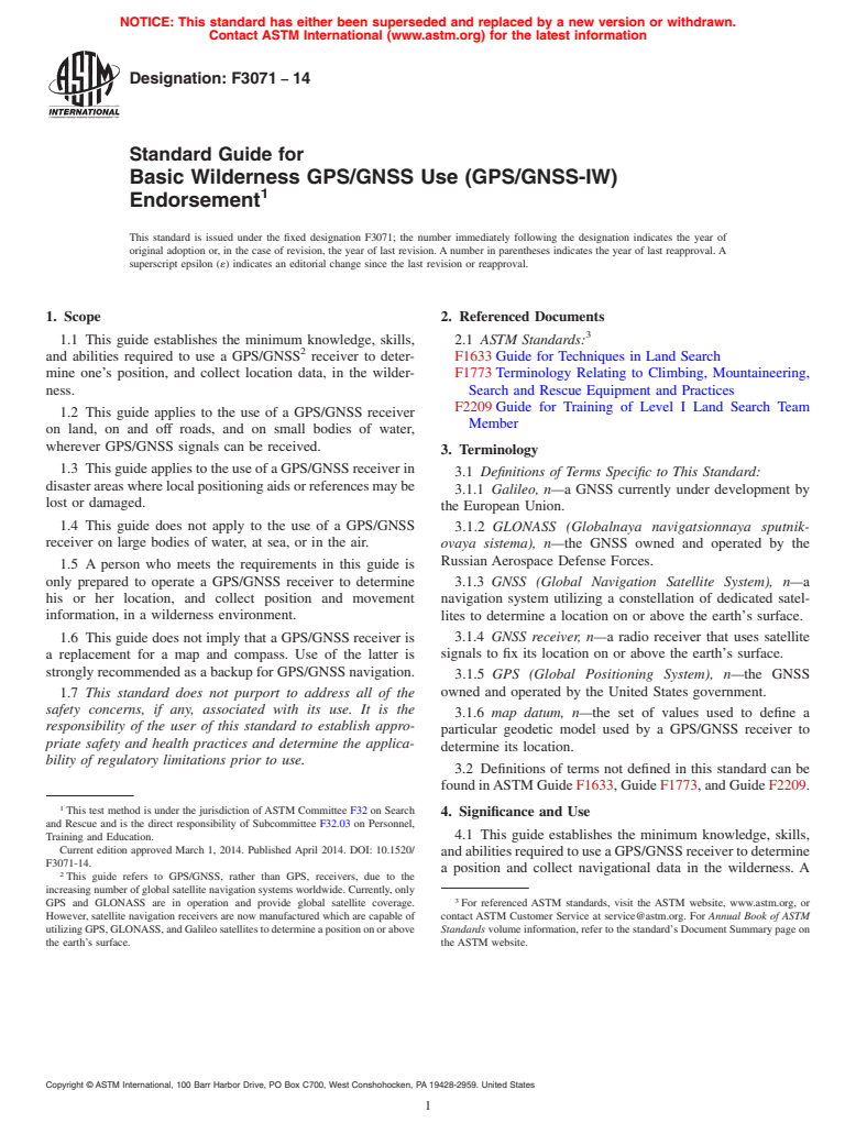 ASTM F3071-14 - Standard Guide for Basic Wilderness GPS/GNSS Use &#40;GPS/GNSS-IW&#41; Endorsement