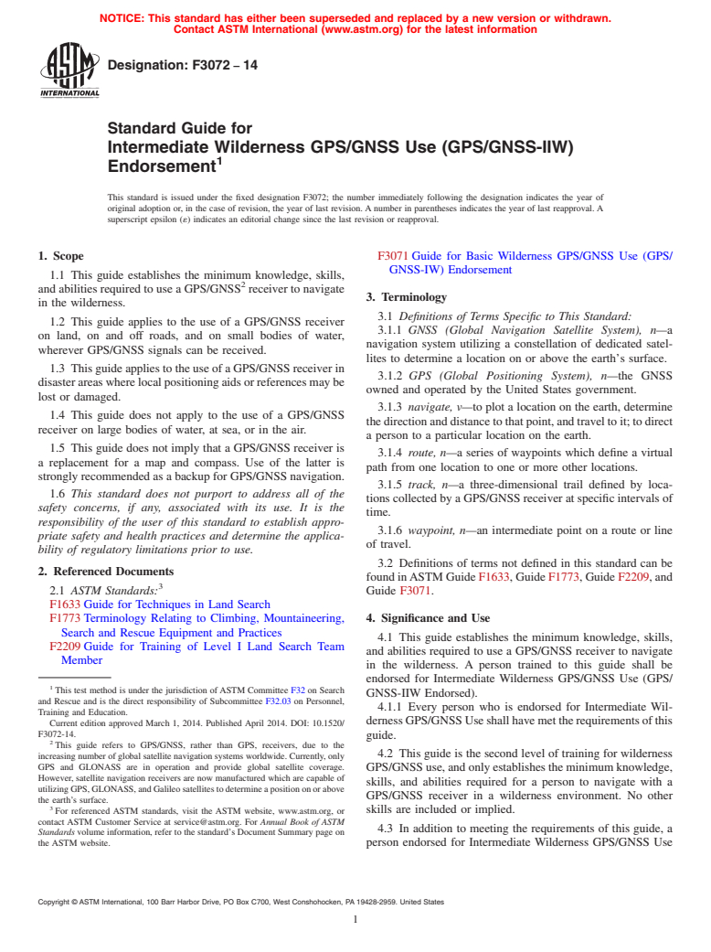 ASTM F3072-14 - Standard Guide for Intermediate Wilderness GPS/GNSS Use &#40;GPS/GNSS-IIW&#41; Endorsement