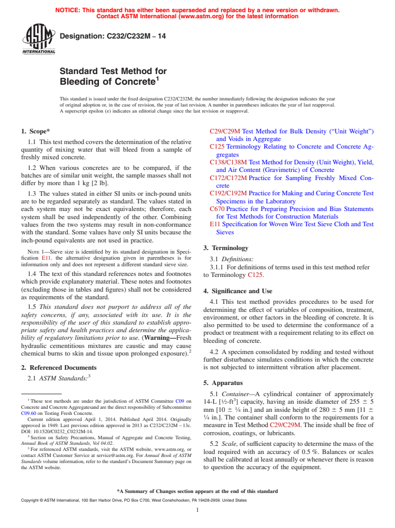 ASTM C232/C232M-14 - Standard Test Method for  Bleeding of Concrete