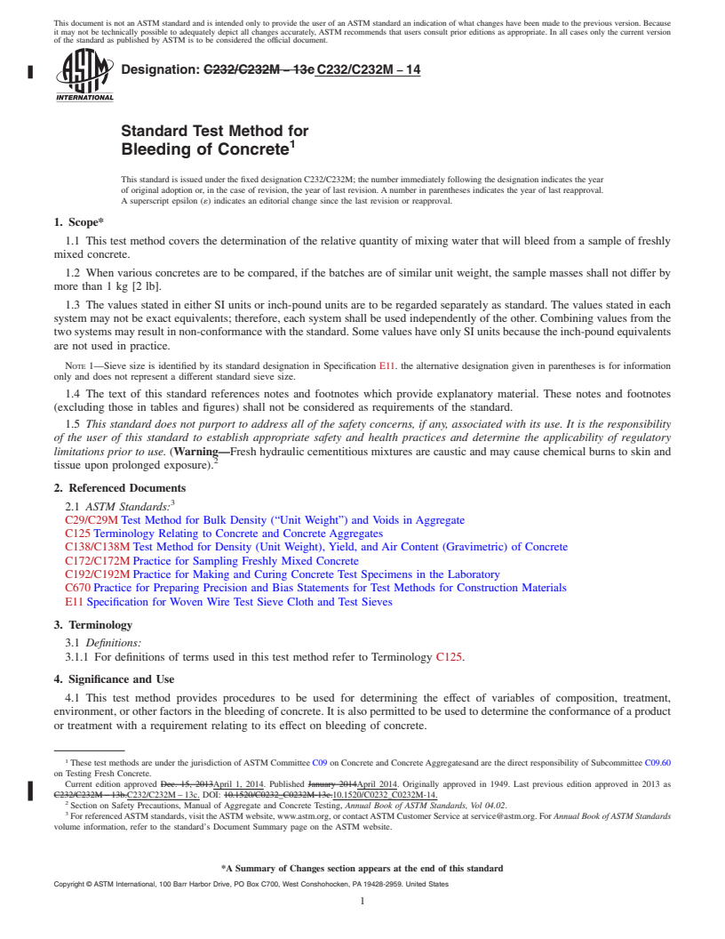 REDLINE ASTM C232/C232M-14 - Standard Test Method for  Bleeding of Concrete