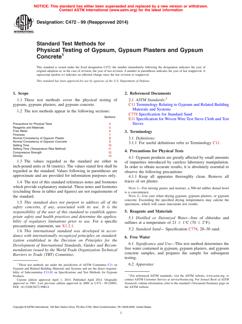 ASTM C472-99(2014) - Standard Test Methods for  Physical Testing of Gypsum, Gypsum Plasters and Gypsum Concrete