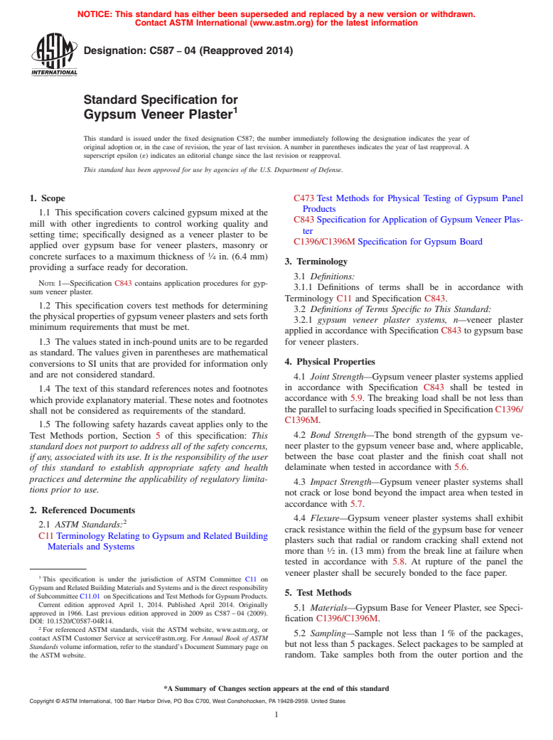 ASTM C587-04(2014) - Standard Specification for  Gypsum Veneer Plaster