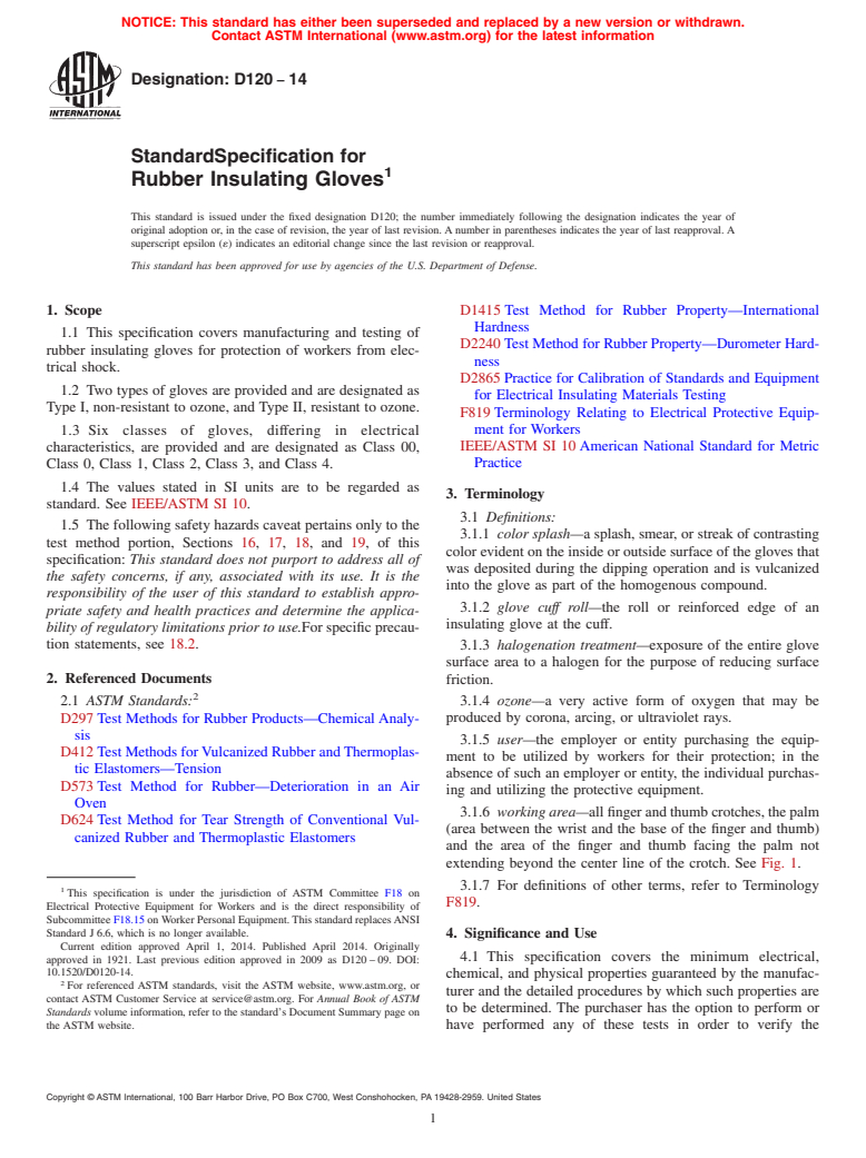 ASTM D120-14 - Standard Specification for  Rubber Insulating Gloves