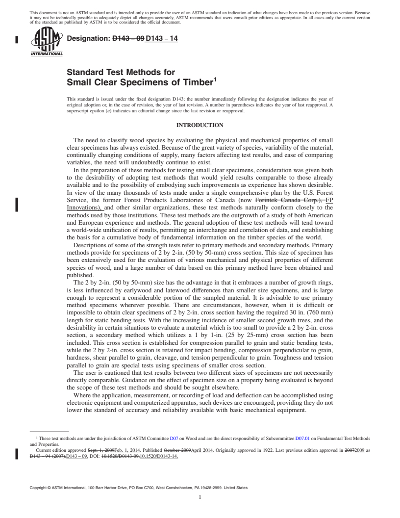 REDLINE ASTM D143-14 - Standard Test Methods for  Small Clear Specimens of Timber