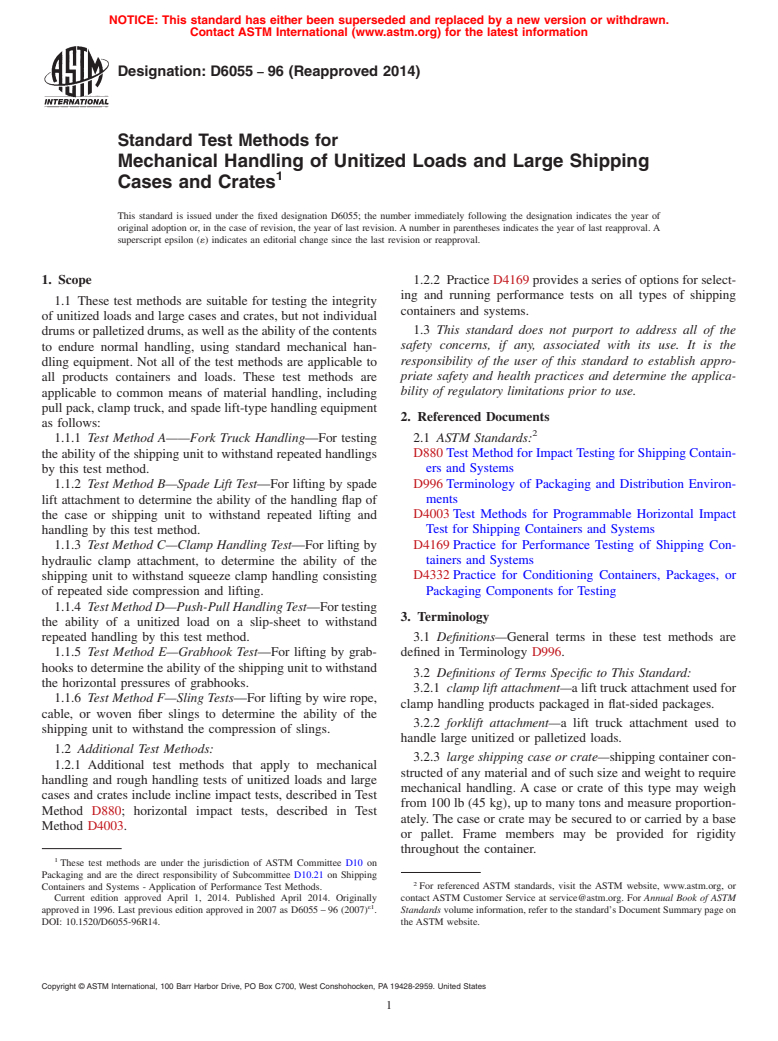 ASTM D6055-96(2014) - Standard Test Methods for  Mechanical Handling of Unitized Loads and Large Shipping Cases  and Crates