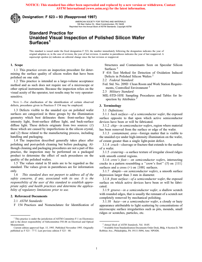 ASTM F523-93(1997) - Standard Practice for Unaided Visual Inspection of Polished Silicon Wafer Surfaces