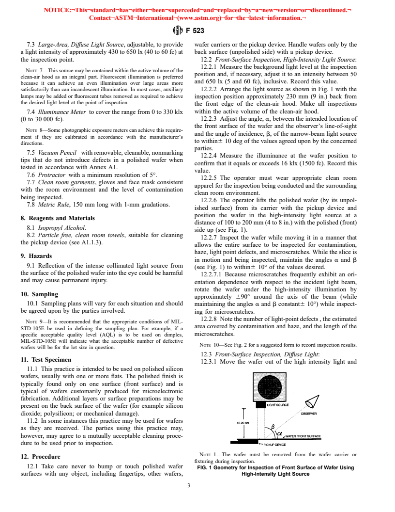 ASTM F523-93(1997) - Standard Practice for Unaided Visual Inspection of Polished Silicon Wafer Surfaces