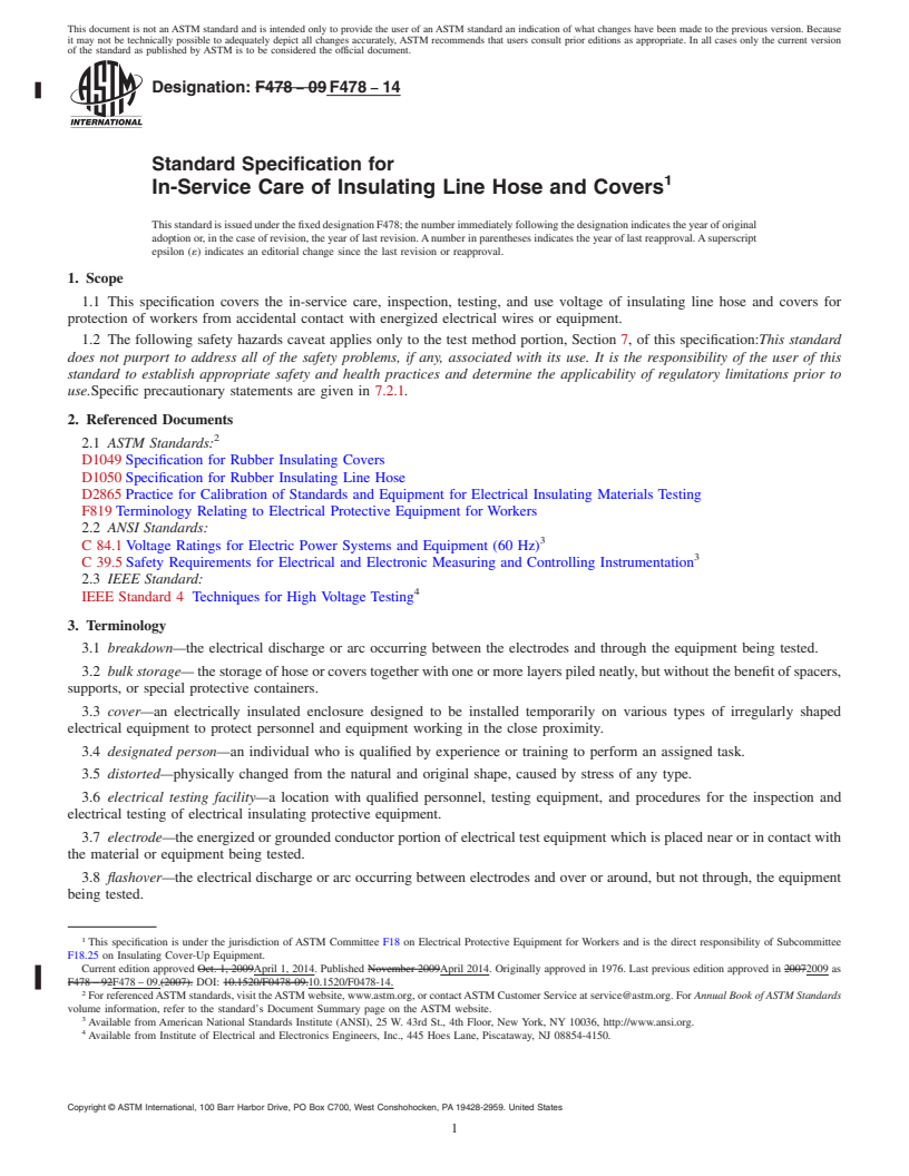 REDLINE ASTM F478-14 - Standard Specification for  In-Service Care of Insulating Line Hose and Covers