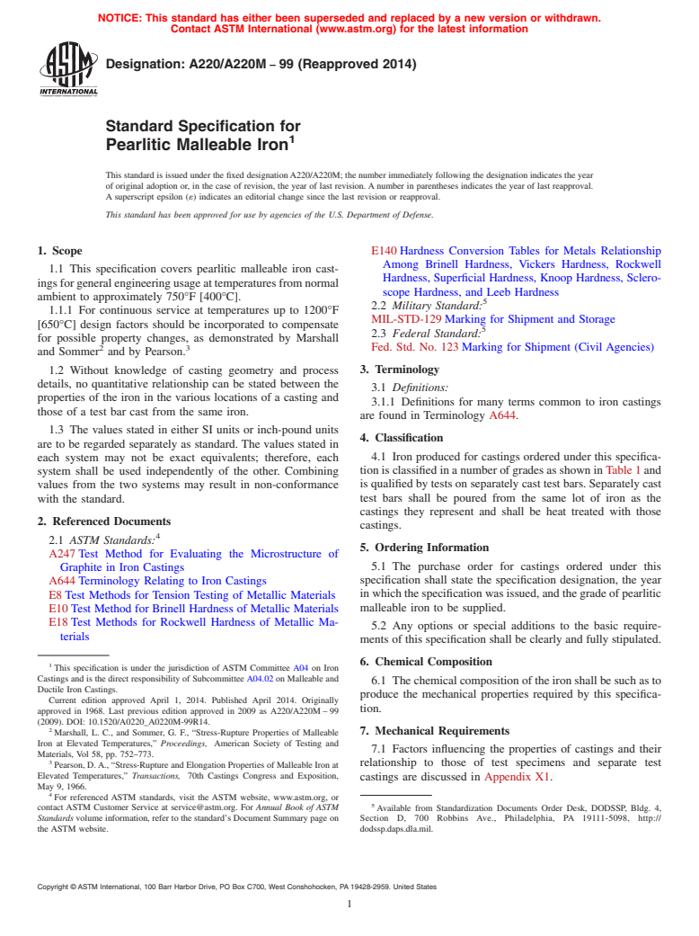 ASTM A220/A220M-99(2014) - Standard Specification for  Pearlitic Malleable Iron