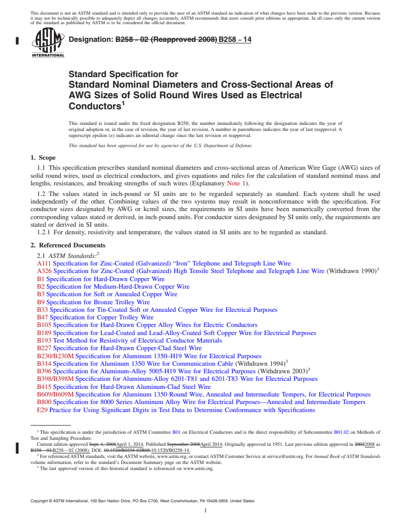 REDLINE ASTM B258-14 - Standard Specification for Standard Nominal Diameters and Cross-Sectional Areas of AWG   Sizes of Solid Round Wires Used as Electrical Conductors