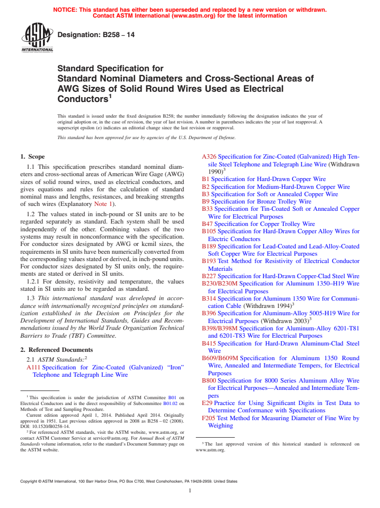 ASTM B258-14 - Standard Specification for Standard Nominal Diameters and Cross-Sectional Areas of AWG   Sizes of Solid Round Wires Used as Electrical Conductors