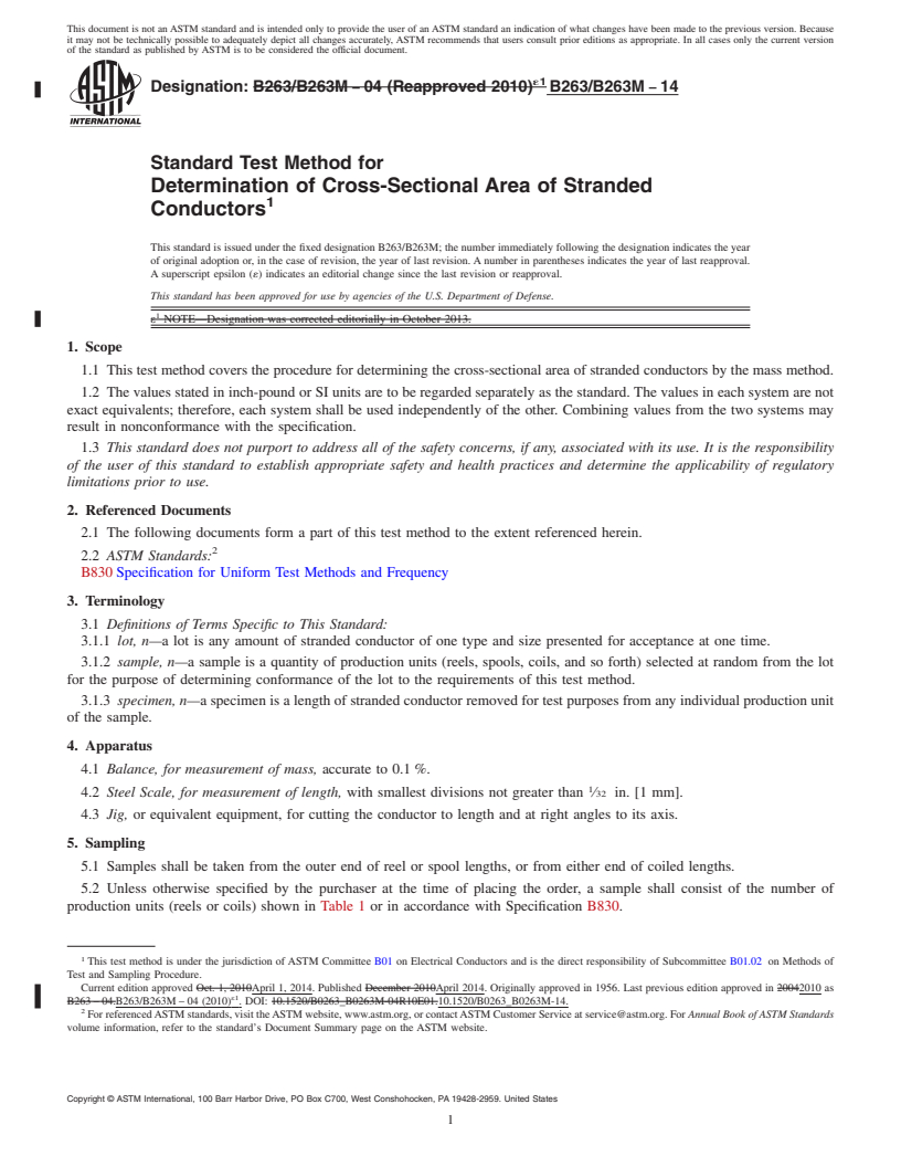 REDLINE ASTM B263/B263M-14 - Standard Test Method for Determination of Cross-Sectional Area of Stranded Conductors