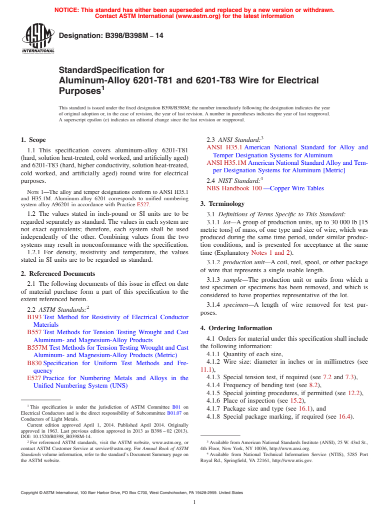 ASTM B398/B398M-14 - Standard Specification for Aluminum-Alloy 6201-T81 and 6201-T83 Wire for Electrical Purposes