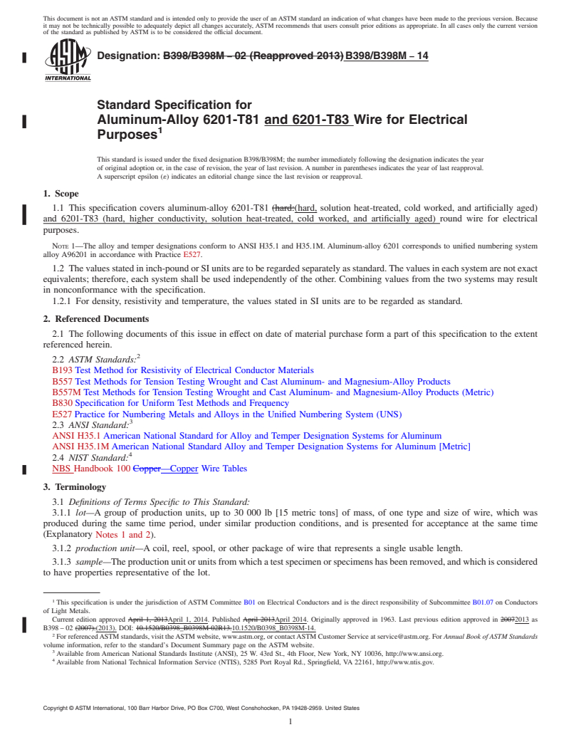 REDLINE ASTM B398/B398M-14 - Standard Specification for Aluminum-Alloy 6201-T81 and 6201-T83 Wire for Electrical Purposes