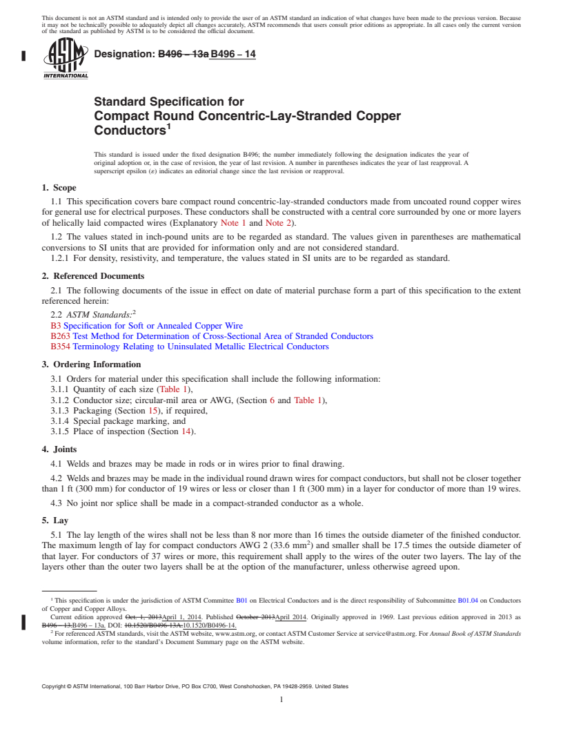 REDLINE ASTM B496-14 - Standard Specification for Compact Round Concentric-Lay-Stranded Copper Conductors