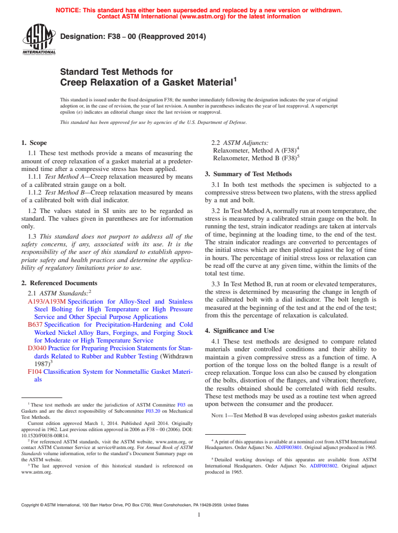 ASTM F38-00(2014) - Standard Test Methods for  Creep Relaxation of a Gasket Material