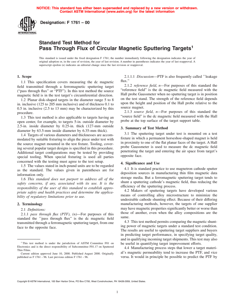 ASTM F1761-00 - Standard Test Method for Pass Through Flux of Circular Magnetic Sputtering Targets