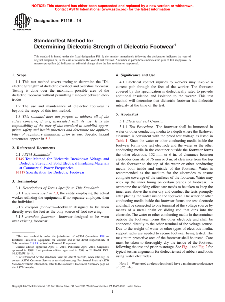 ASTM F1116-14 - Standard Test Method for  Determining Dielectric Strength of Dielectric Footwear