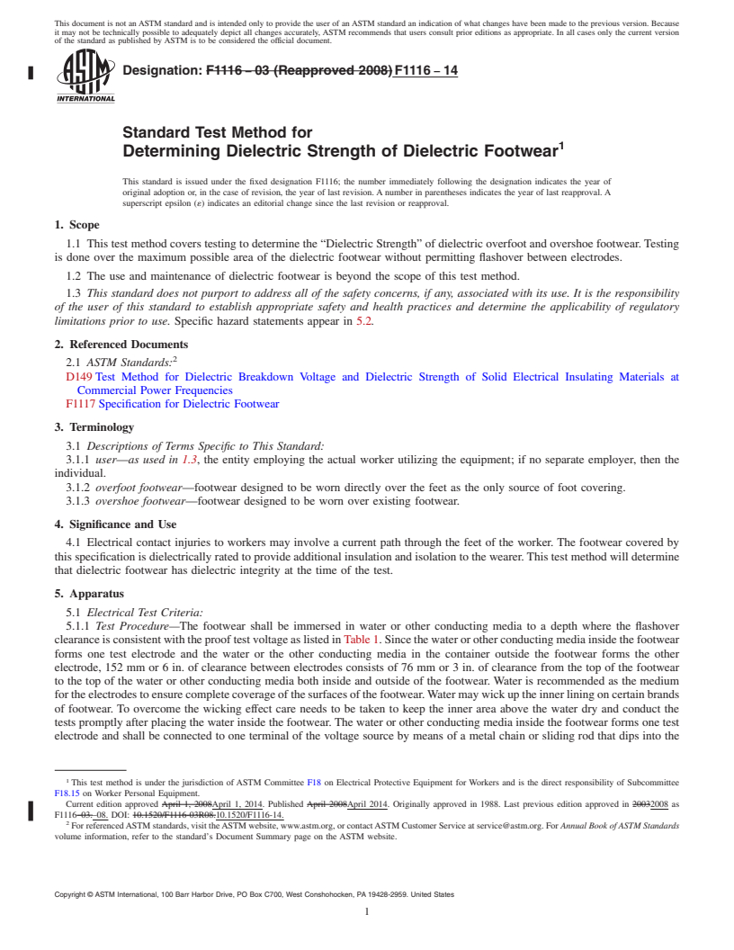 REDLINE ASTM F1116-14 - Standard Test Method for  Determining Dielectric Strength of Dielectric Footwear