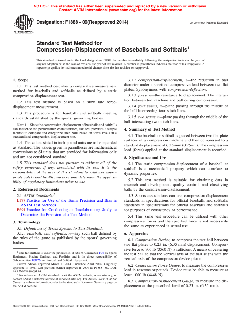 ASTM F1888-09(2014) - Standard Test Method for  Compression-Displacement of Baseballs and Softballs