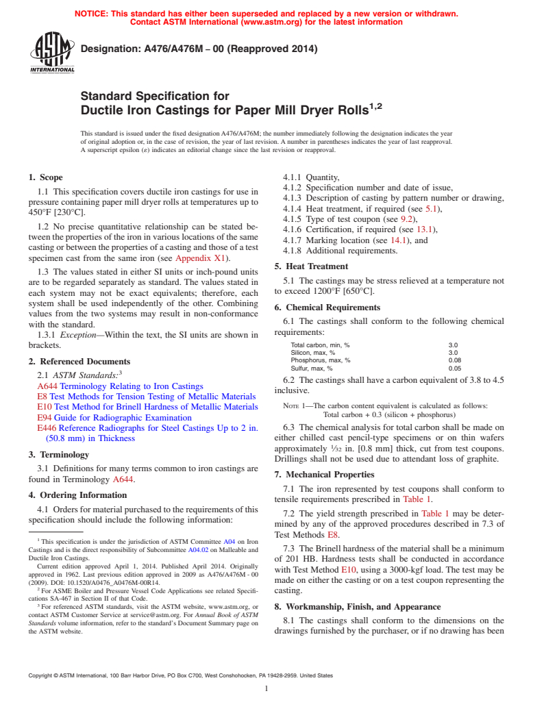 ASTM A476/A476M-00(2014) - Standard Specification for  Ductile Iron Castings for Paper Mill Dryer Rolls