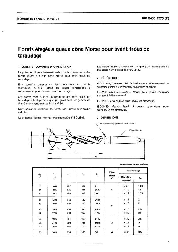 ISO 3438:1975 - Forets étagés a queue cône Morse pour avant-trous de taraudage