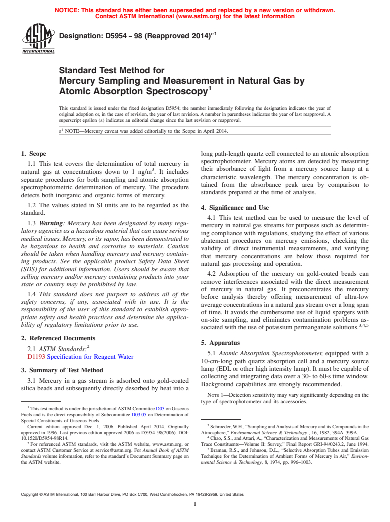 ASTM D5954-98(2014)e1 - Standard Test Method for  Mercury Sampling and Measurement in Natural Gas by Atomic Absorption  Spectroscopy