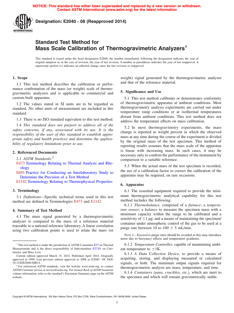 ASTM E2040-08(2014) - Standard Test Method for  Mass Scale Calibration of Thermogravimetric Analyzers